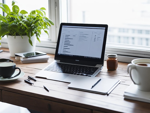 Working table with laptop coffee and documents in home interior