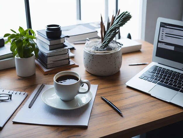 Working table with laptop coffee and documents in home interior