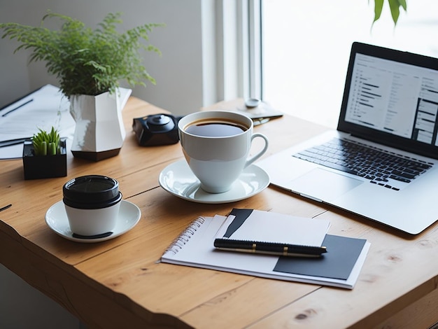 Working table with laptop coffee and documents in home interior