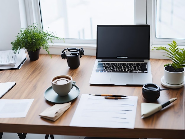 Photo working table with laptop coffee and documents in home interior