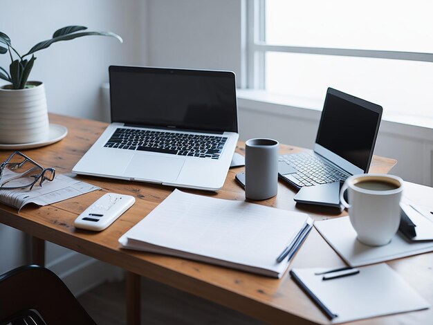 Photo working table with laptop coffee and documents in home interior