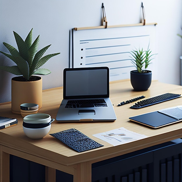 Рабочий стол с ноутбуком, кофе и документами в домашнем интерьере
