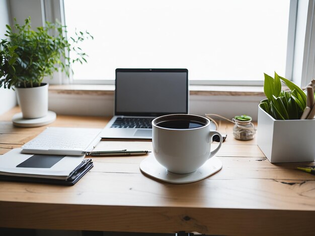 Working table with laptop coffee and documents in home interior