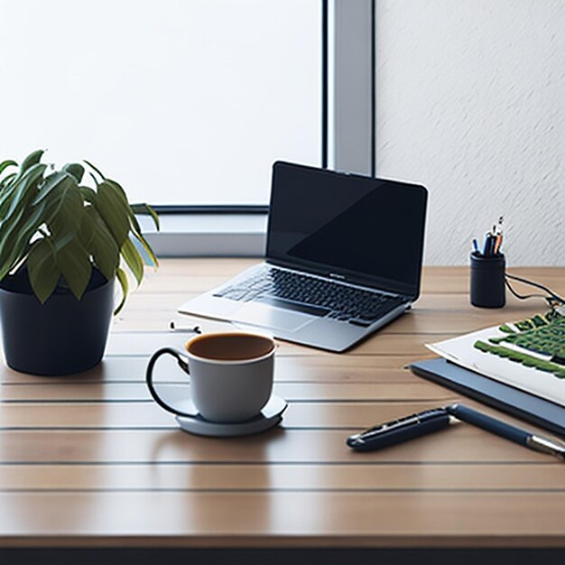 Photo working table with laptop coffee and documents in home interior