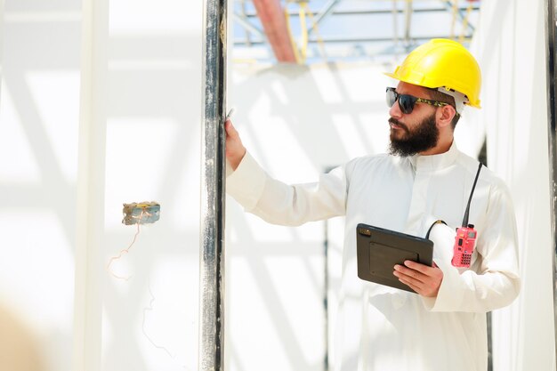 Working on tablet and walkie talkie Arab man Construction civil engineer use digital tablet computer and wearing in safety hard hat helmet working on Building Site