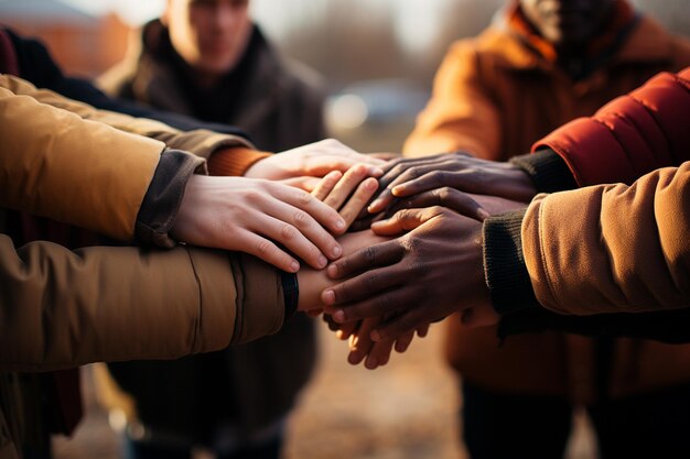 Photo working together team work concept with hands united together