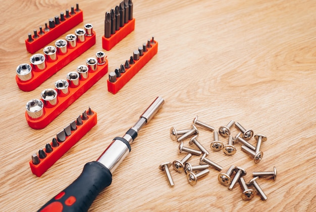 working tools on wooden background. top view