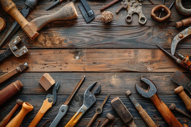 Working tools on wooden rustic background top view