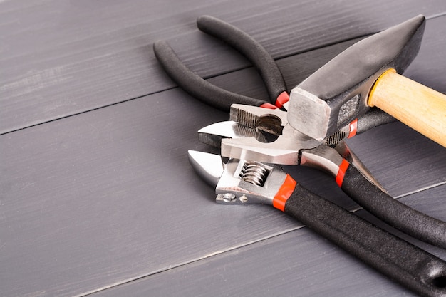 Working tools on wooden rustic table