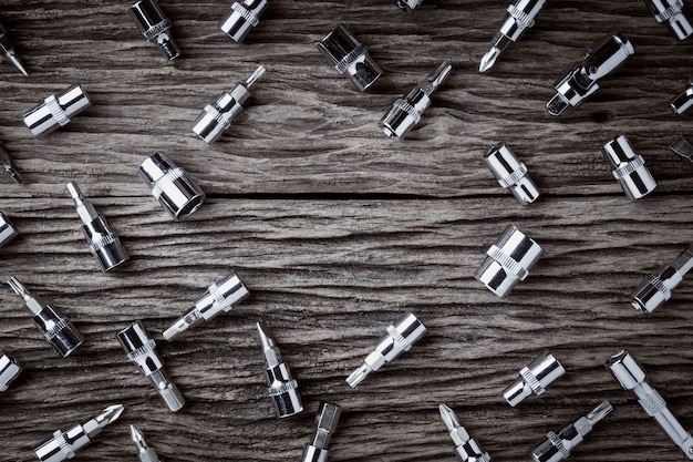 Working tools on wooden table background close up	