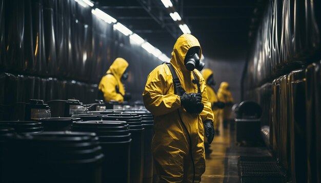 Photo working in warehouse workers in yellow hazmat protection suit and gas mask carrying canisters