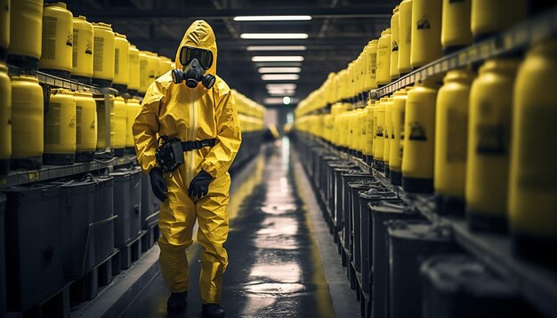 Foto lavoro in magazzino lavoratori in tuta gialla e maschera antigas che trasportano barattoli