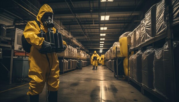 Foto lavoro in magazzino lavoratori in tuta gialla e maschera antigas che trasportano barattoli