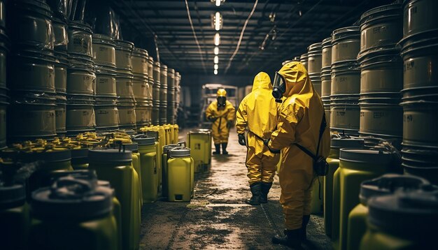 Photo working in warehouse workers in yellow hazmat protection suit and gas mask carrying canisters