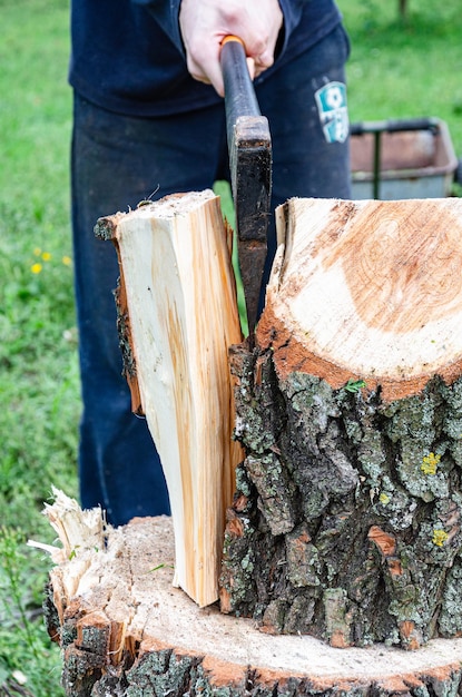 Working with an ax, preparing firewood in anticipation of a cold winter. Hard times.