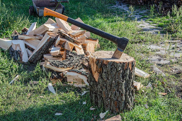 Photo working with an ax, preparing firewood in anticipation of a cold winter. hard times.