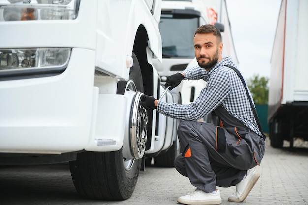 Photo working with damaged tire young truck driver is with his vehicle at daytime