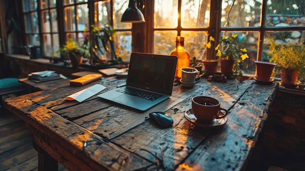 Foto lavorare con computer portatile e spazio di copia cactus sullo sfondo del tavolo