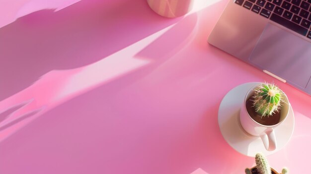 写真 ラップトップコンピュータで作業するピンクのテーブルの背景にホットコーヒーとカクタスのコピースペースジェネレーティブai