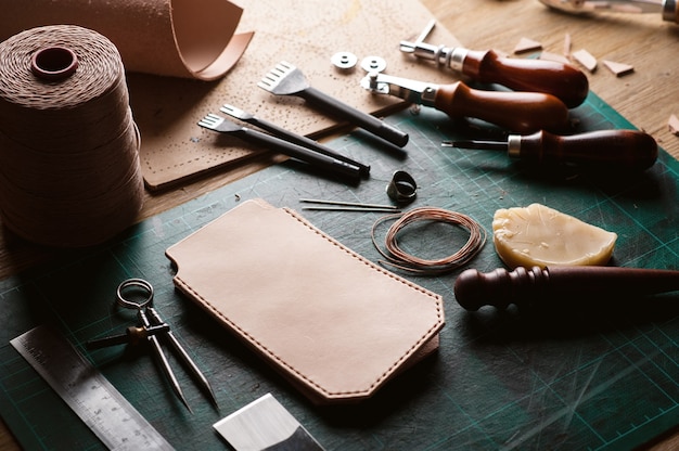 Working with vegetable tanned leather. Leather and the craft tools.