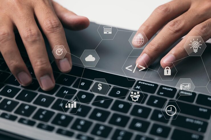 Photo working with virtual reality dashboard computer icons of scrum agile development, code fork and versioning, and responsive cybersecurity is a coding software developer's idea.