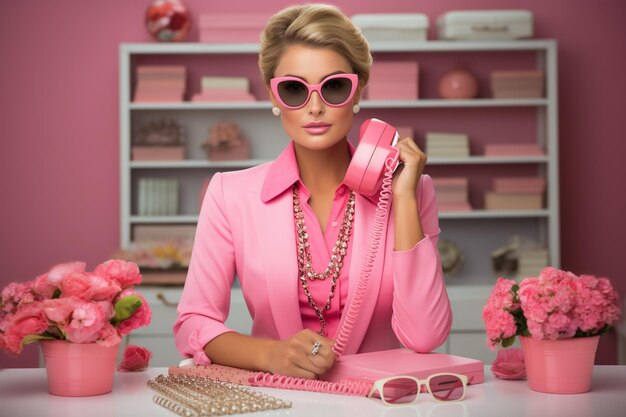 Photo working woman pink desk with phone