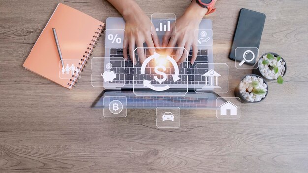 Working woman using a computer to concept of fund financial
investment management portfolio diversification