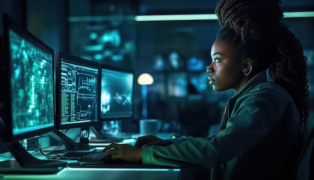 working woman at work in technology control room at night