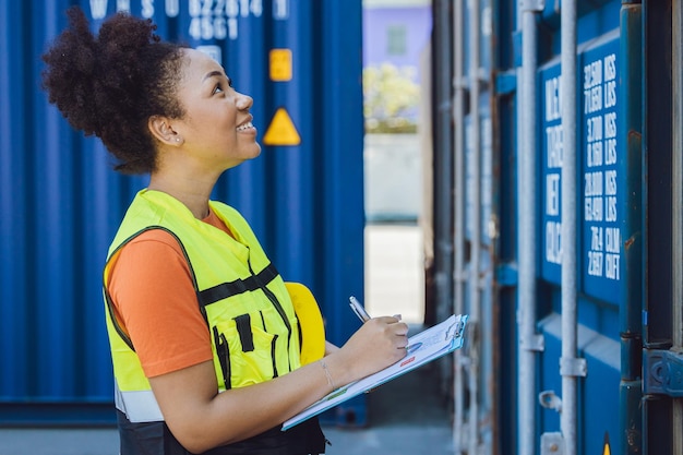 Работающие женщины счастливые штатные работники наслаждаются работой, проверяя контейнер для доставки в логистической отрасли