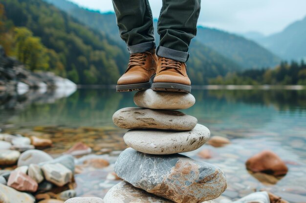 Worklife balance concept Person Standing on Top of Pile of Rocks Generative AI