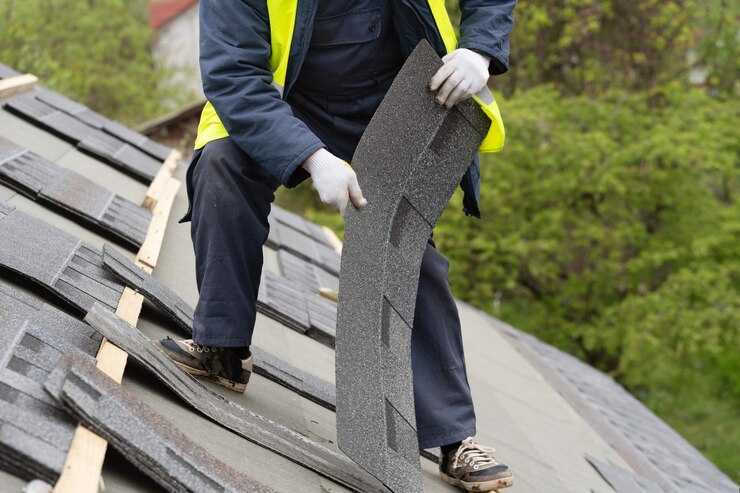 Workman install tile on roof of new house under construction