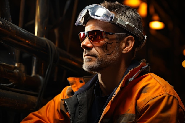 A workman in safety gear sits on a construction site A man wearing a safety goggles and safety glasses