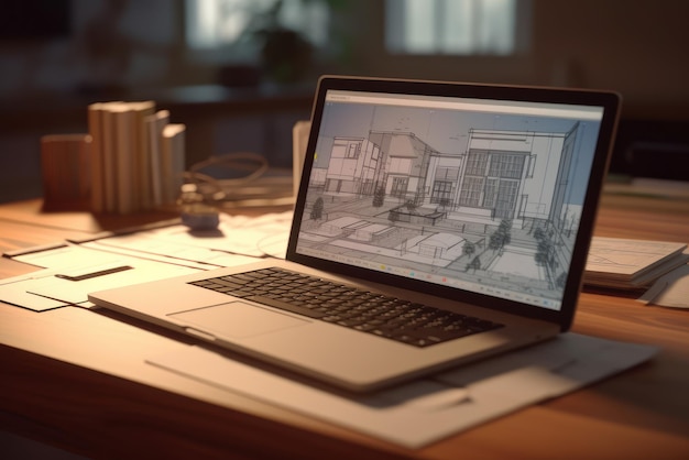 Photo workplace of an architect interior designer engineer laptop with a project on the monitor blueprints drawing tools and home decor on the table remote work concept mockup 3d illustration