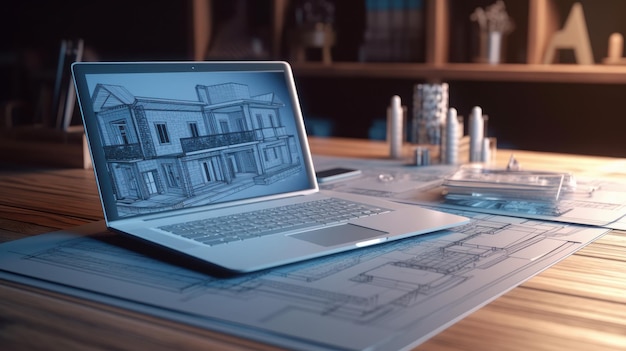 Photo workplace of an architect interior designer engineer laptop with a project on the monitor blueprints drawing tools and home decor on the table remote work concept mockup 3d illustration