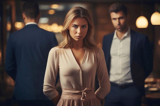 Photo workplace and bullying unhappy victimized businesswoman standing while her male colleagues whisperi