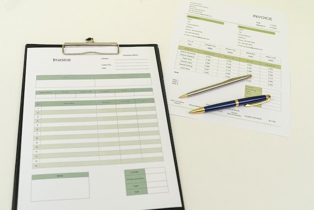 The workplace of business graphs pen on desk financial document chart