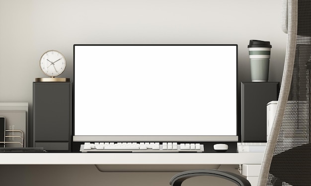 Workplace Desktop isolated blank screen with plant and office equipment with keyboard mouse and laptop 3d rendering
