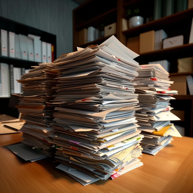 Workplace efficiency Piles of paper documents organized office paperwork For Social Media Post Size