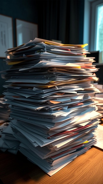 Workplace efficiency Piles of paper documents organized office paperwork Vertical Mobile Wallpaper