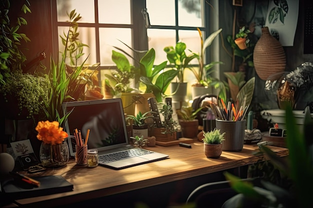 Workplace interior in botanical style generative ai