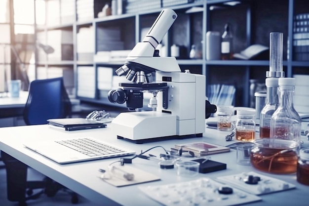 Workplace of a modern chemist or biologist Laptop and microscope on the table