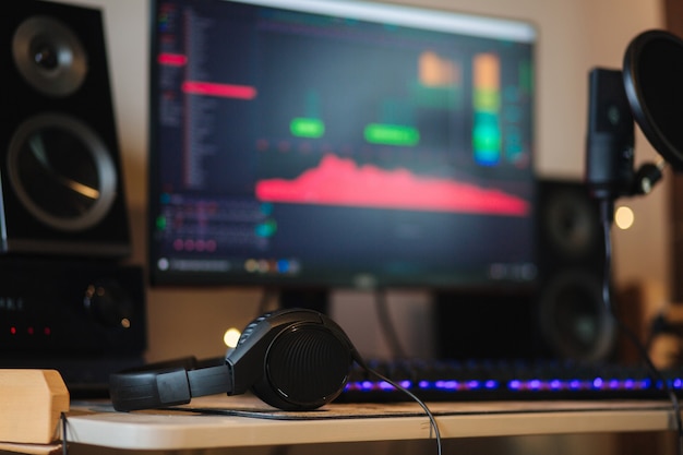 Workplace of musician at home table with pc microphone and headphones computer work process sound