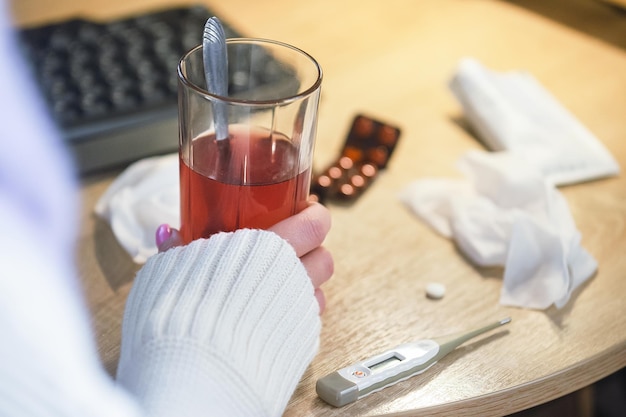 Workplace seasonal colds and medication concept