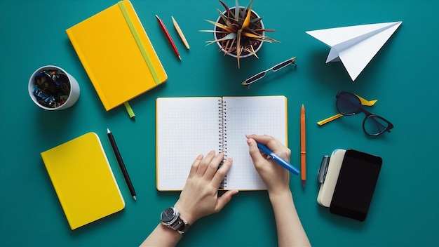 Photo workplace for studies with yellow notebooks and paper plane