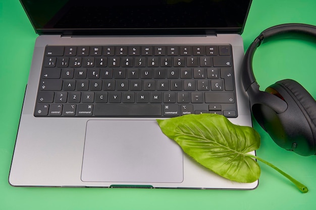 Workplace top view desktop with gadgets, laptop