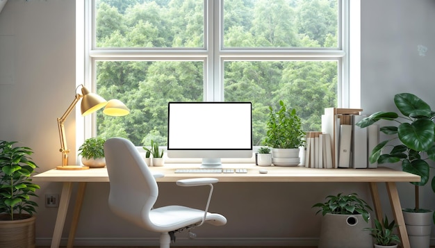 Workplace with computer books lamp and plants in the room