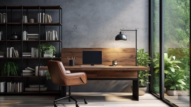 workplace with laptop and book in modern loft style