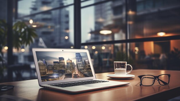 workplace with laptop and coffee cup on wooden table