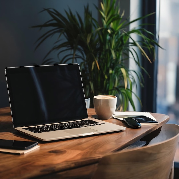 Workplace with laptop and coffee cup