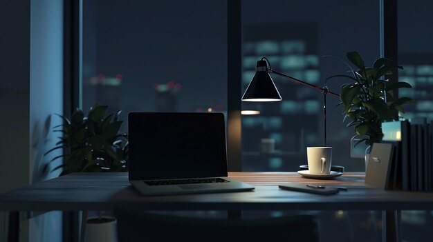 Workplace with laptop computer and coffee cup at night 3D rendering